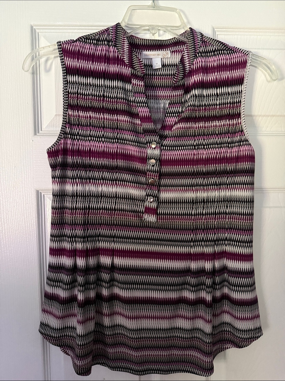 Westport Striped Sleeveless Henley Top in Purple, Black and White